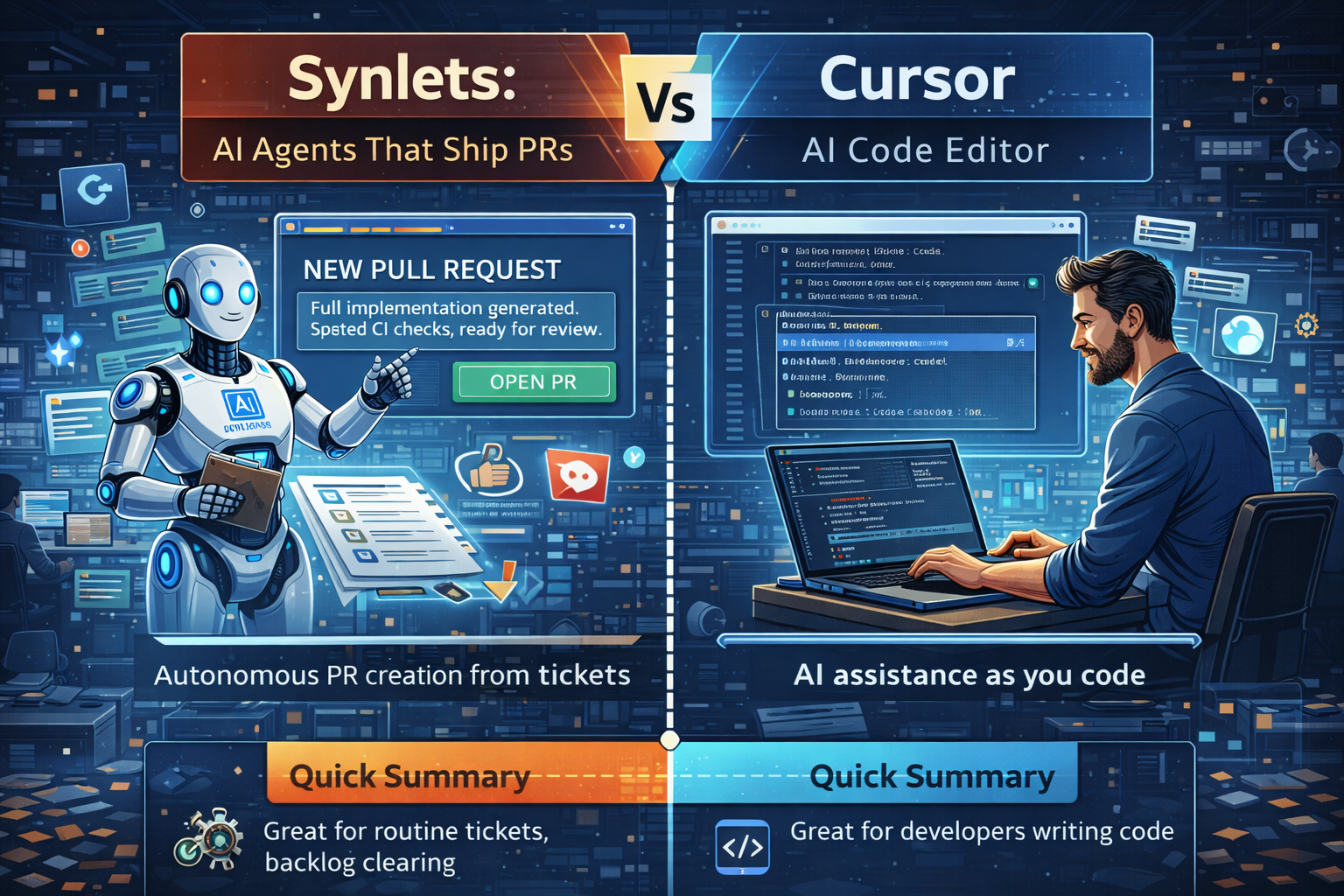 Synlets vs Cursor: AI Agents That Ship PRs vs an AI Code Editor