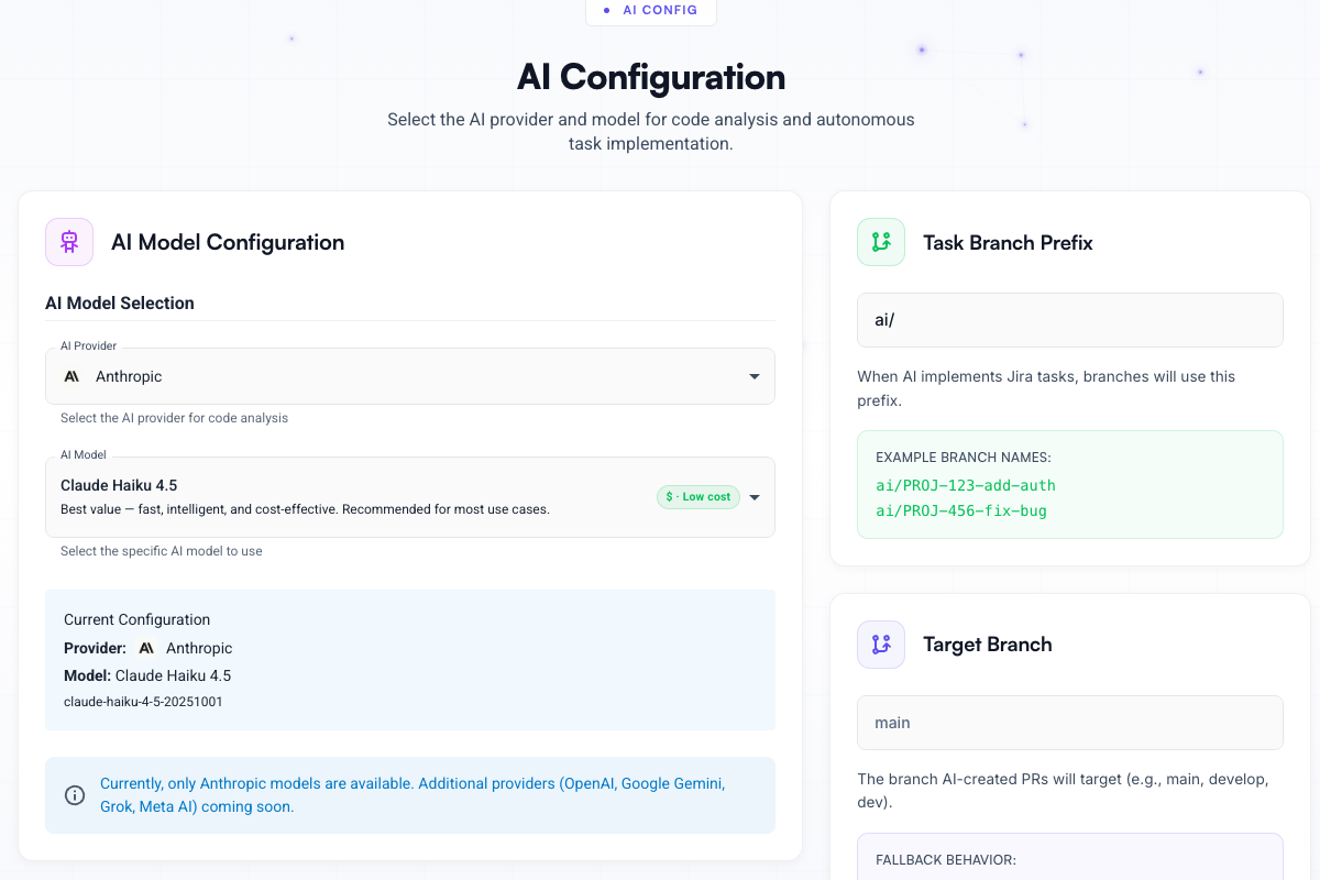 Set Up AI - Choose your AI provider and configure agent behavior. - Synlets AI automation screenshot