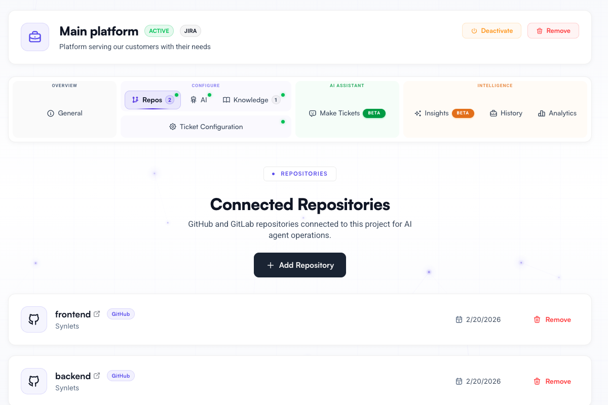 Connect Repos - Link GitHub or GitLab repositories for AI agents to work with. - Synlets AI automation screenshot