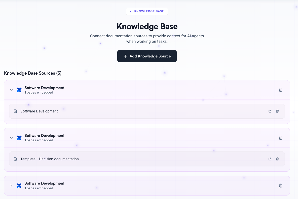 Add Knowledge - Connect docs from Confluence for better context. - Synlets AI automation screenshot
