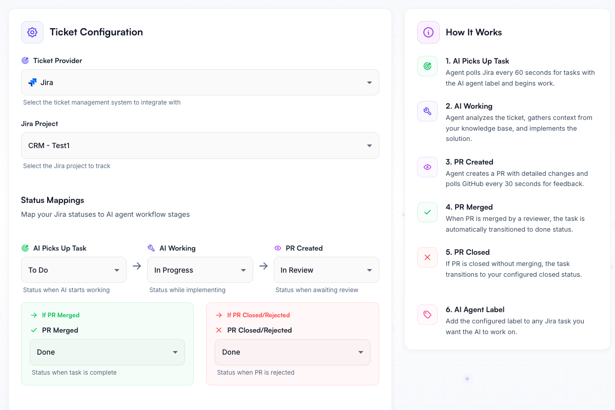 Configure Tickets - Connect Jira and map workflow statuses for automatic updates. - Synlets AI automation screenshot
